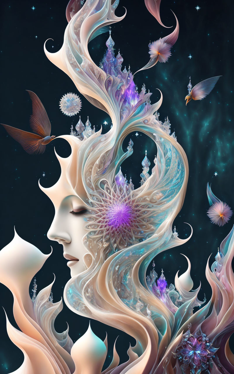 Surreal portrait of female figure with flowing hair in cosmic scene