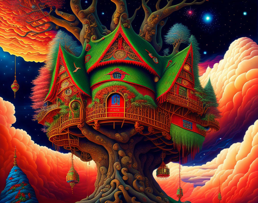 Vibrant treehouse illustration with green roofs under starry sky