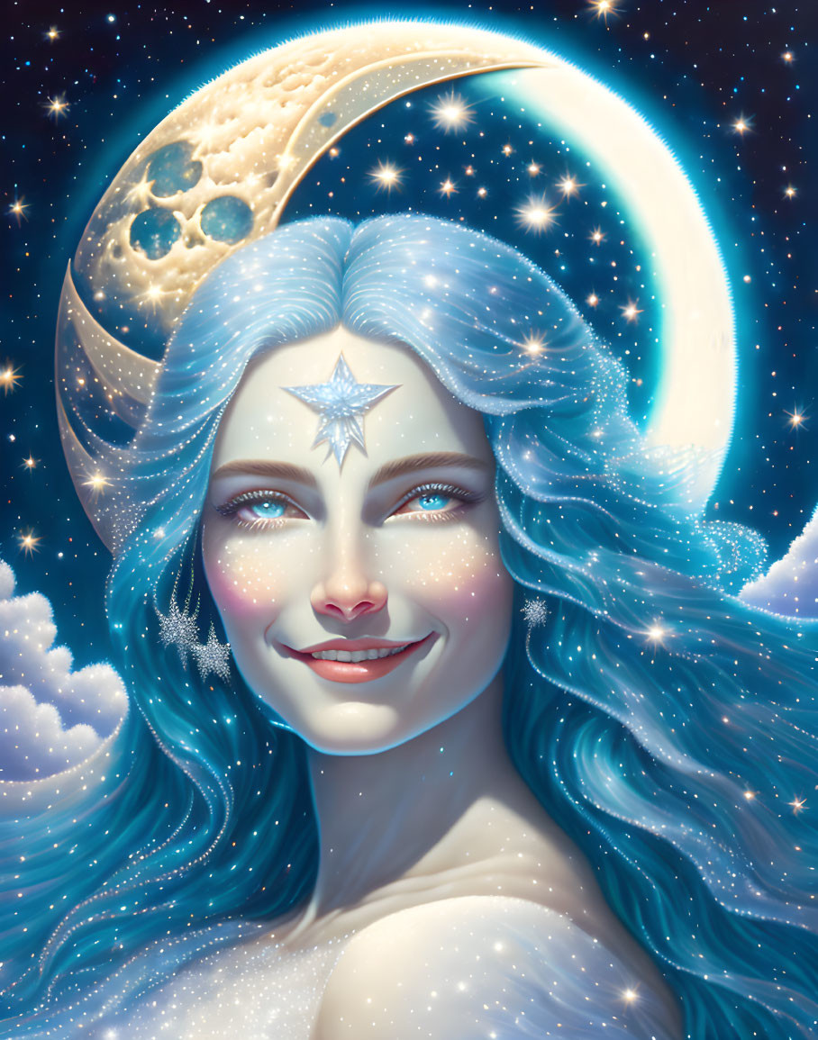 Celestial Figure with Blue Hair and Night Sky Background