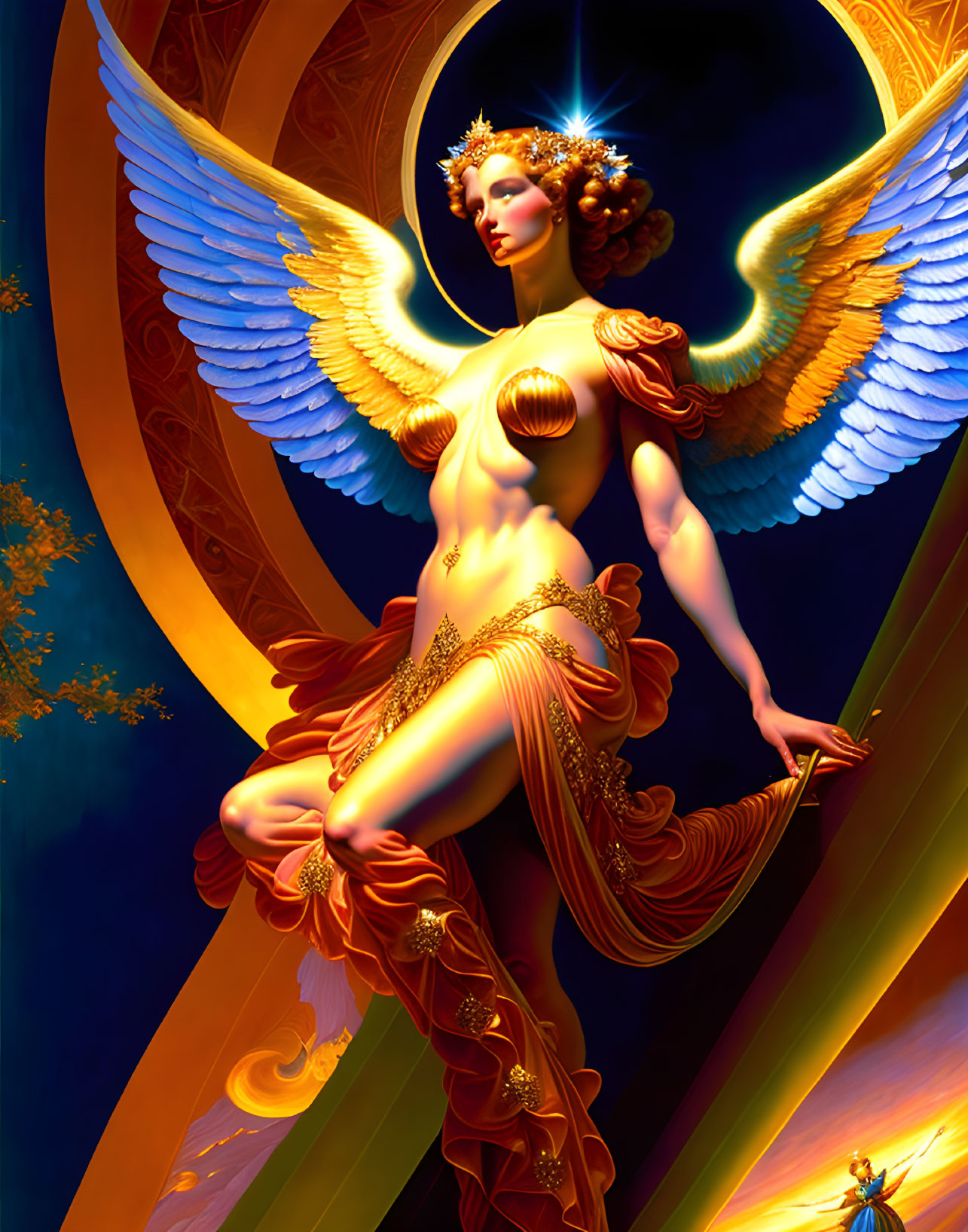 Golden-winged angelic figure in blue and gold setting