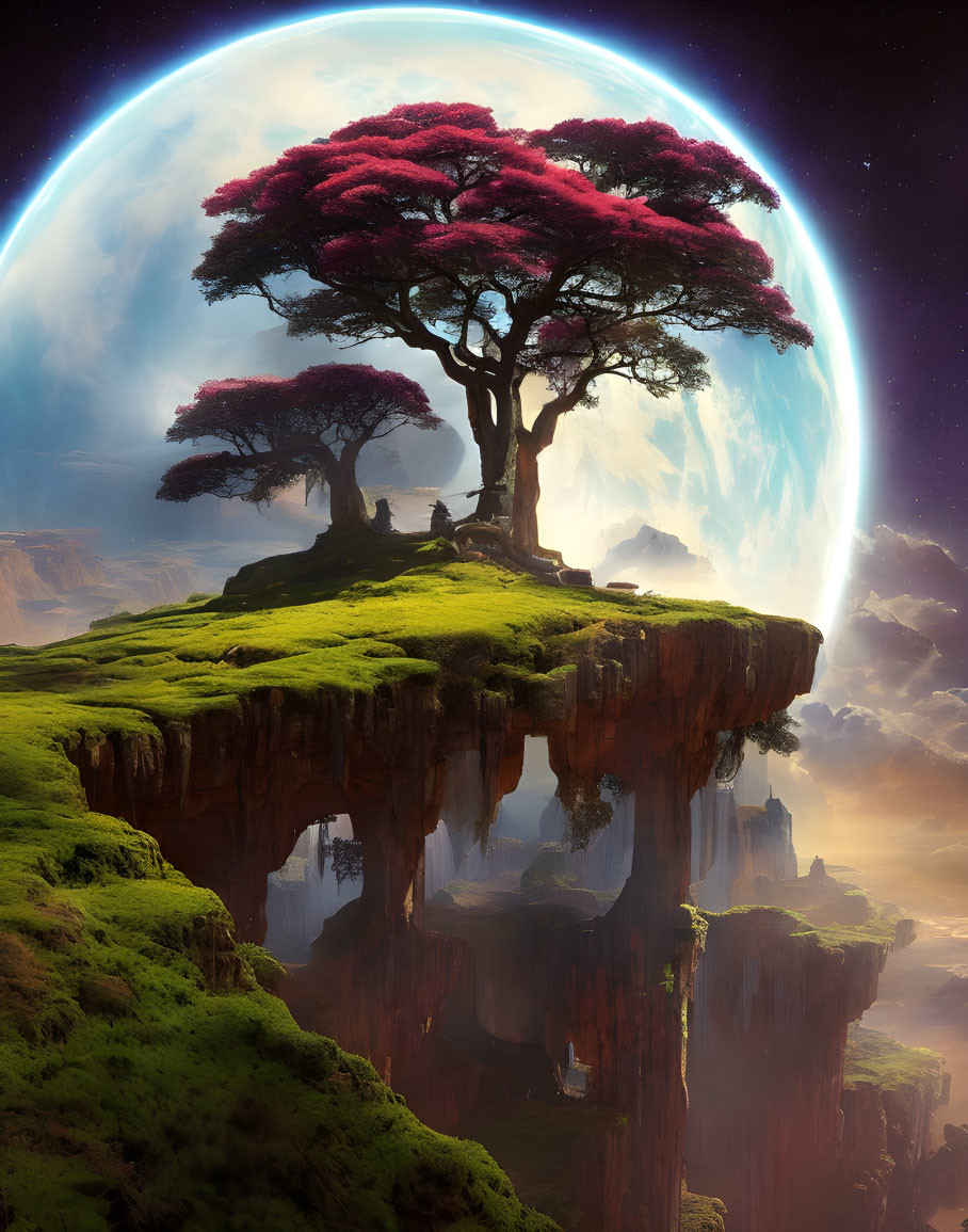 Isolated tree with pink foliage on floating island above planet's curvature