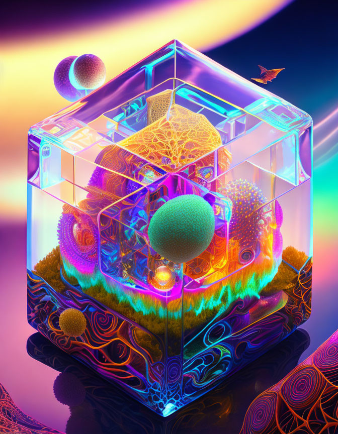 Colorful Psychedelic Digital Artwork: Translucent Cube with Fractal Patterns