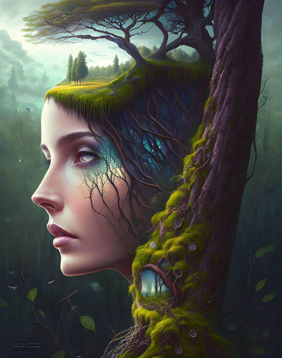 Surreal artwork: Woman's face merges with tree, showcasing greenery and ecosystem, symbolizing