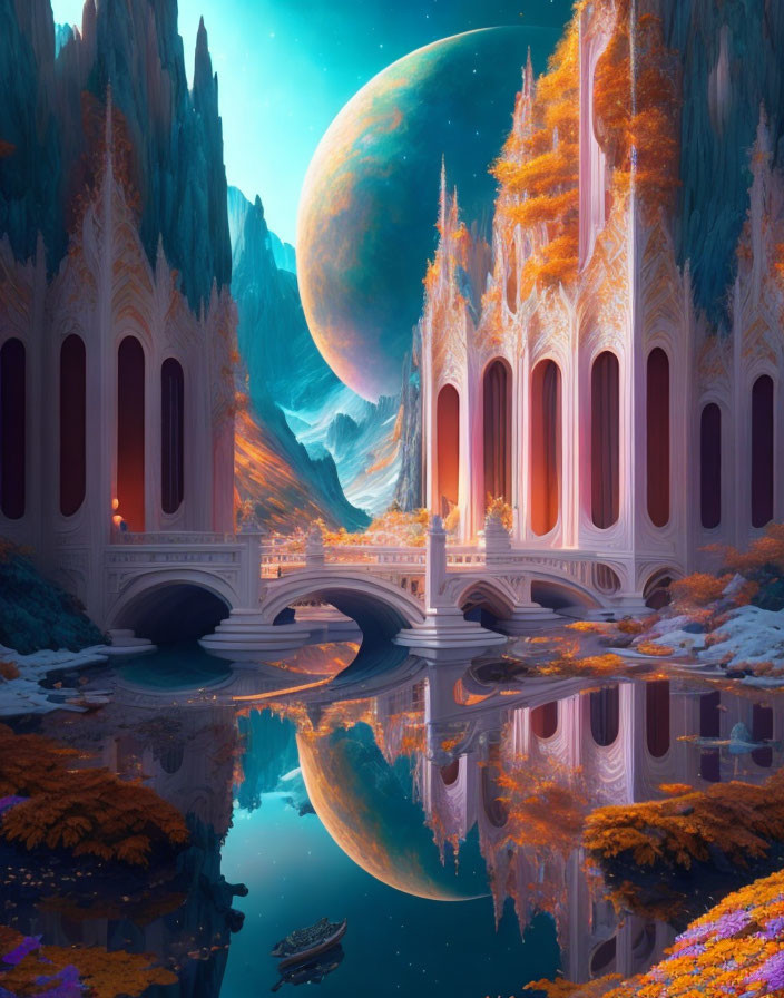 Fantasy landscape with spires, bridges, flora, rowboat, and giant planet