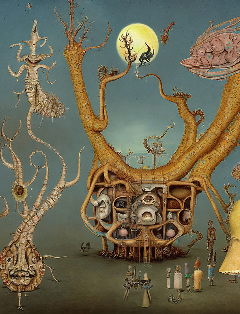 Fantastical Tree with Creatures and Figures Under Moonlit Sky