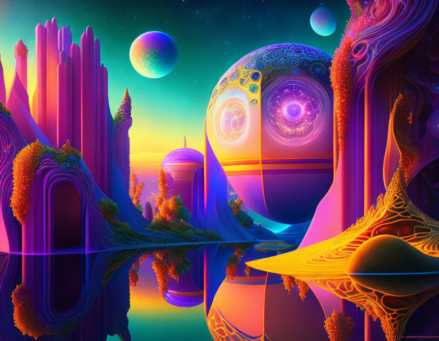 Fantastical alien landscape with luminous orbs and vivid reflections