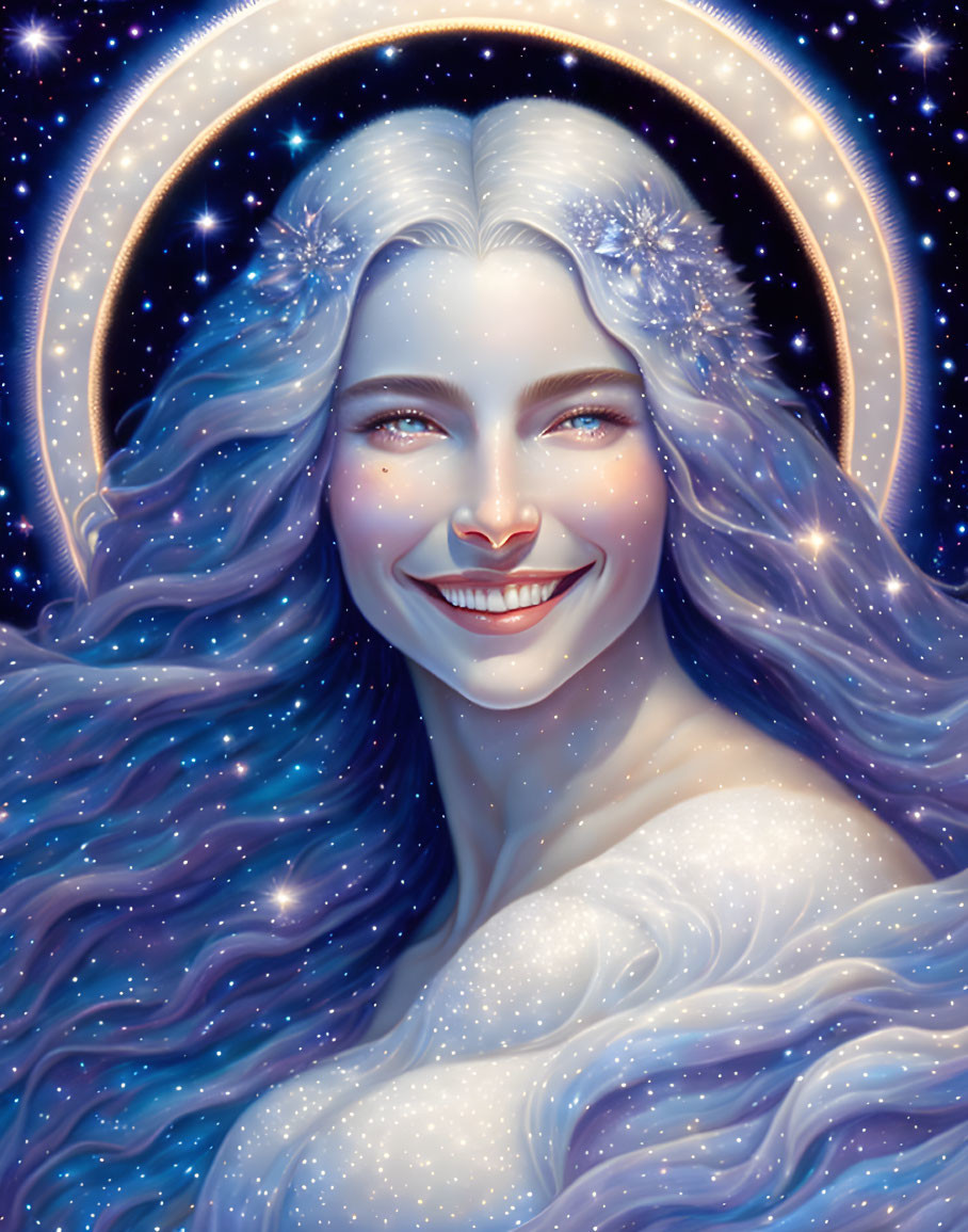 Smiling woman with blue hair and golden halo in cosmic scene