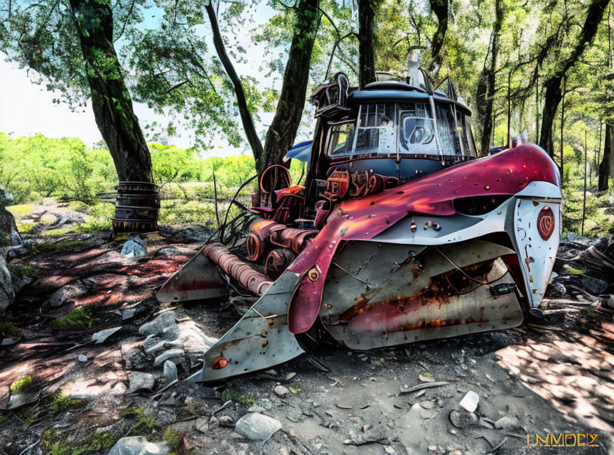 Rusted red bulldozer in overgrown forest setting