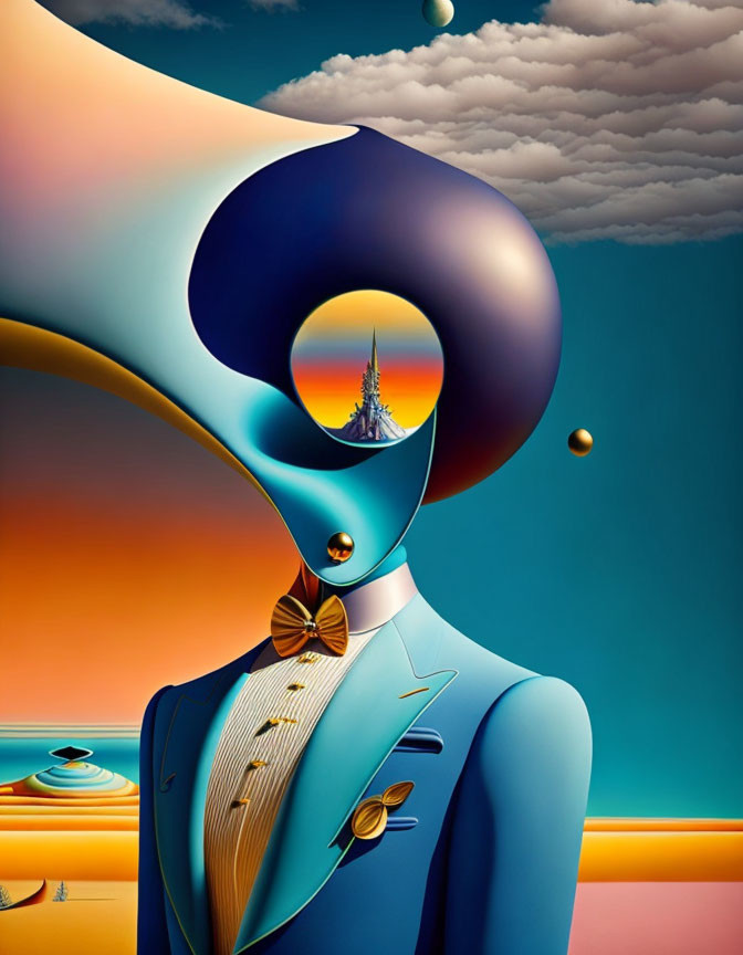 Surreal artwork: Individual with void head & floating castle in colorful landscape