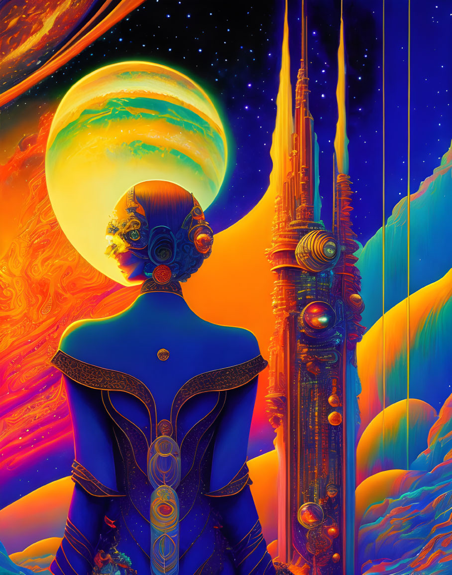 Futuristic humanoid figure in surreal alien landscape with giant planet.