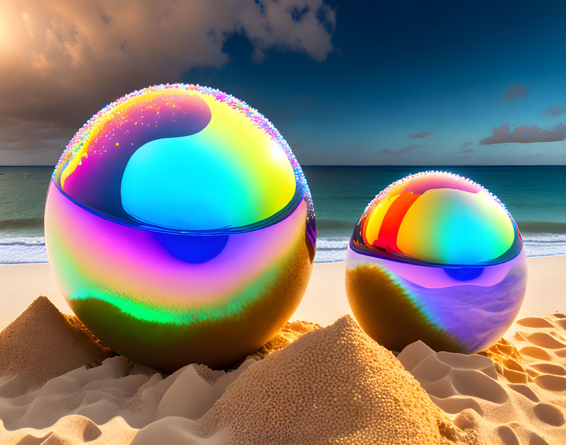 Iridescent spheres on sandy beach reflecting sunset sky and sea