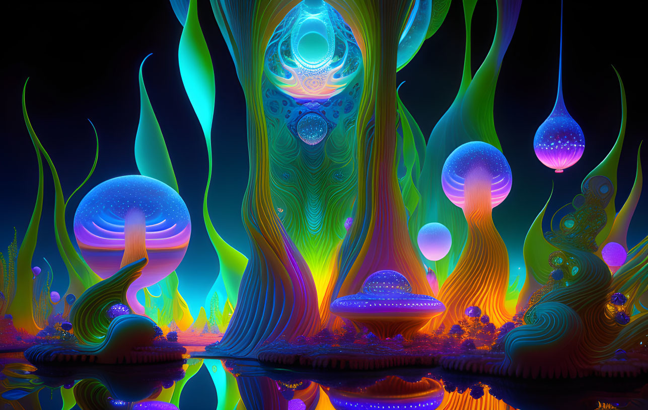 Colorful Psychedelic Digital Artwork of Alien-Like Trees and Structures