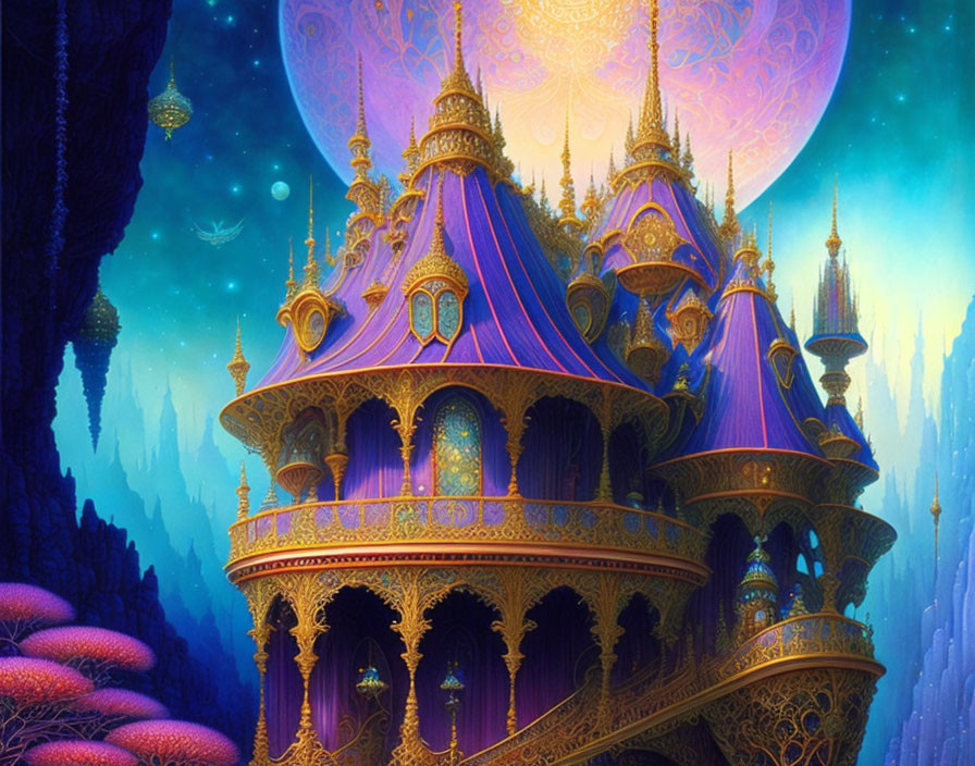 Fantasy palace with blue and gold architecture under mystical night sky