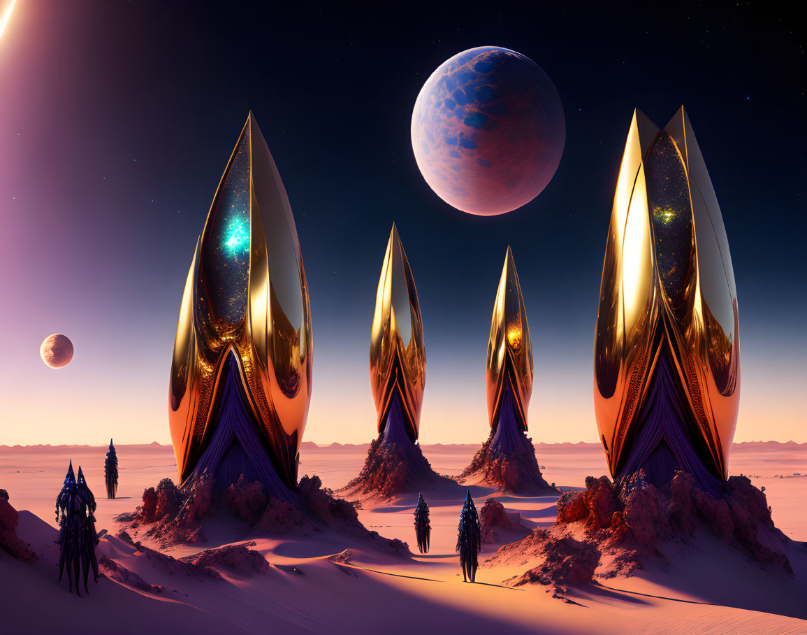 Surreal futuristic structures in desert landscape with multiple planets and stars at twilight