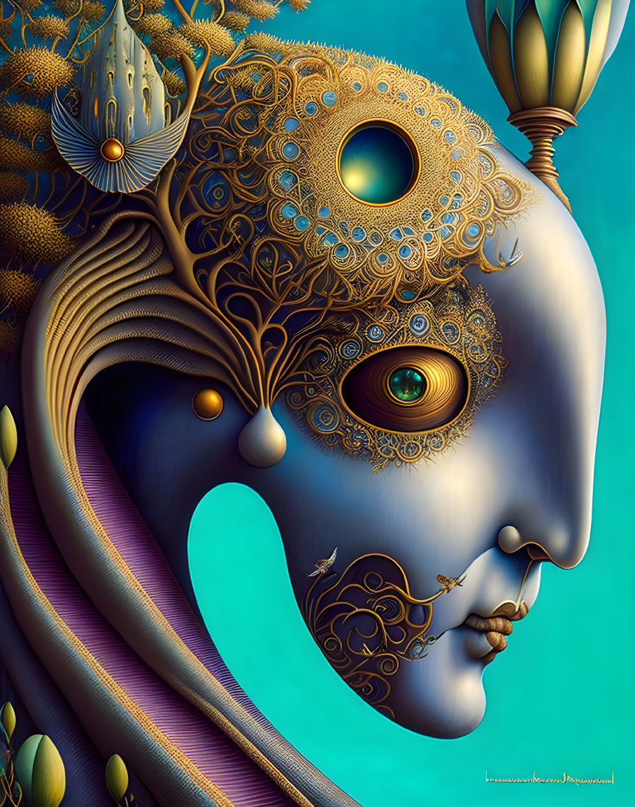 Stylized ornate mask with gold patterns on teal background