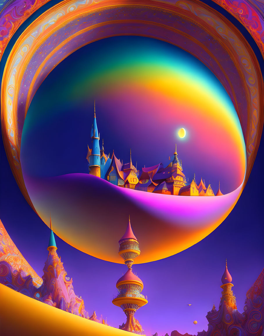 Colorful fantasy landscape with whimsical castles and rainbow hills under a glowing moon.