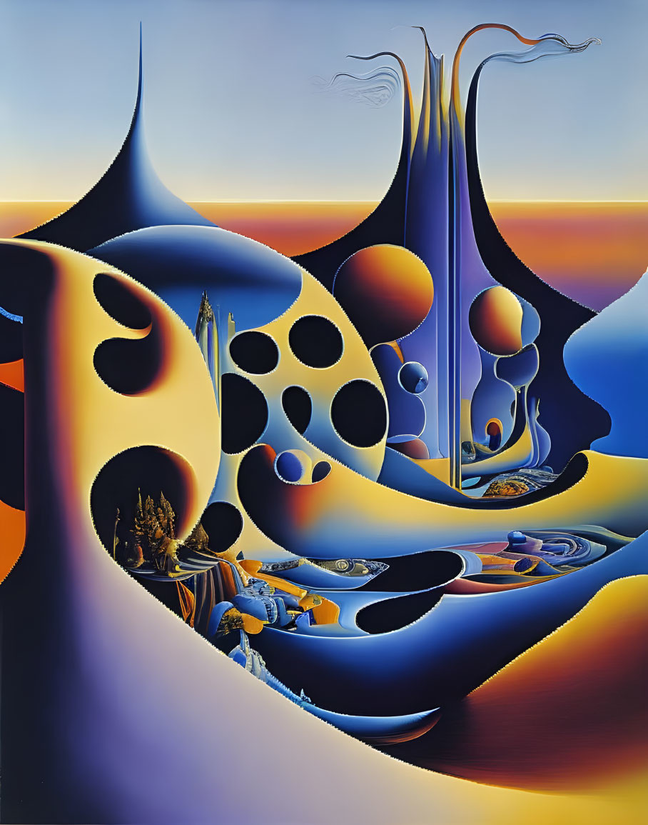 Surreal landscape with flowing forms and spotted patterns