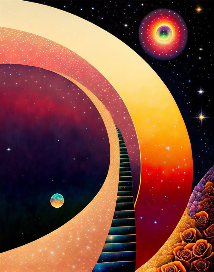 Colorful cosmic stairway around sun and stars