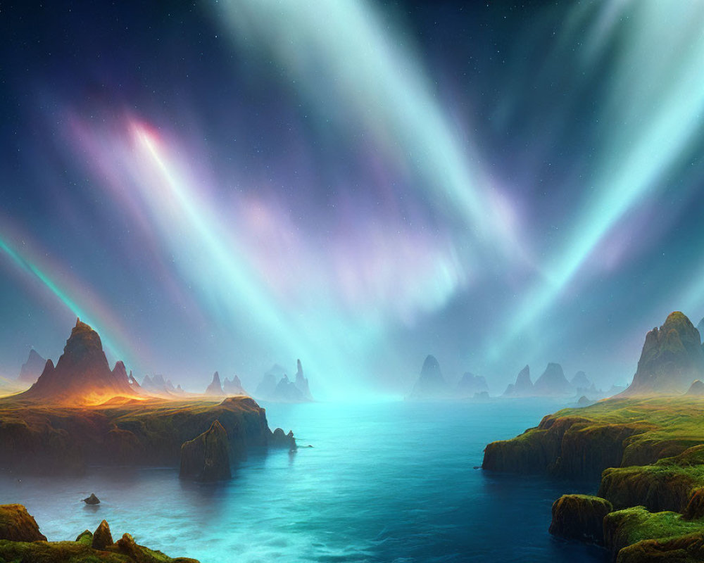 Mystical landscape with vibrant aurora lights over serene coastal scene