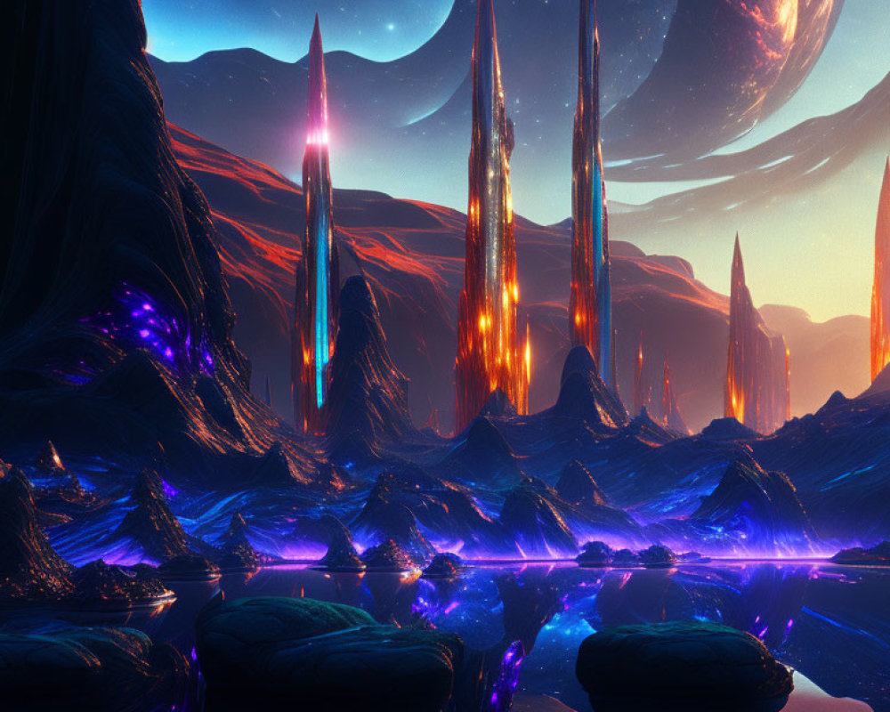 Glowing blue terrain and towering spires in sci-fi landscape