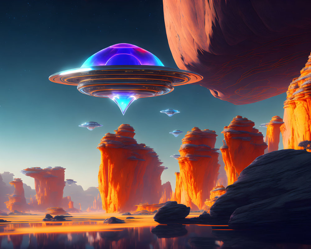 Futuristic UFO hovering over red rocks under blue alien sky