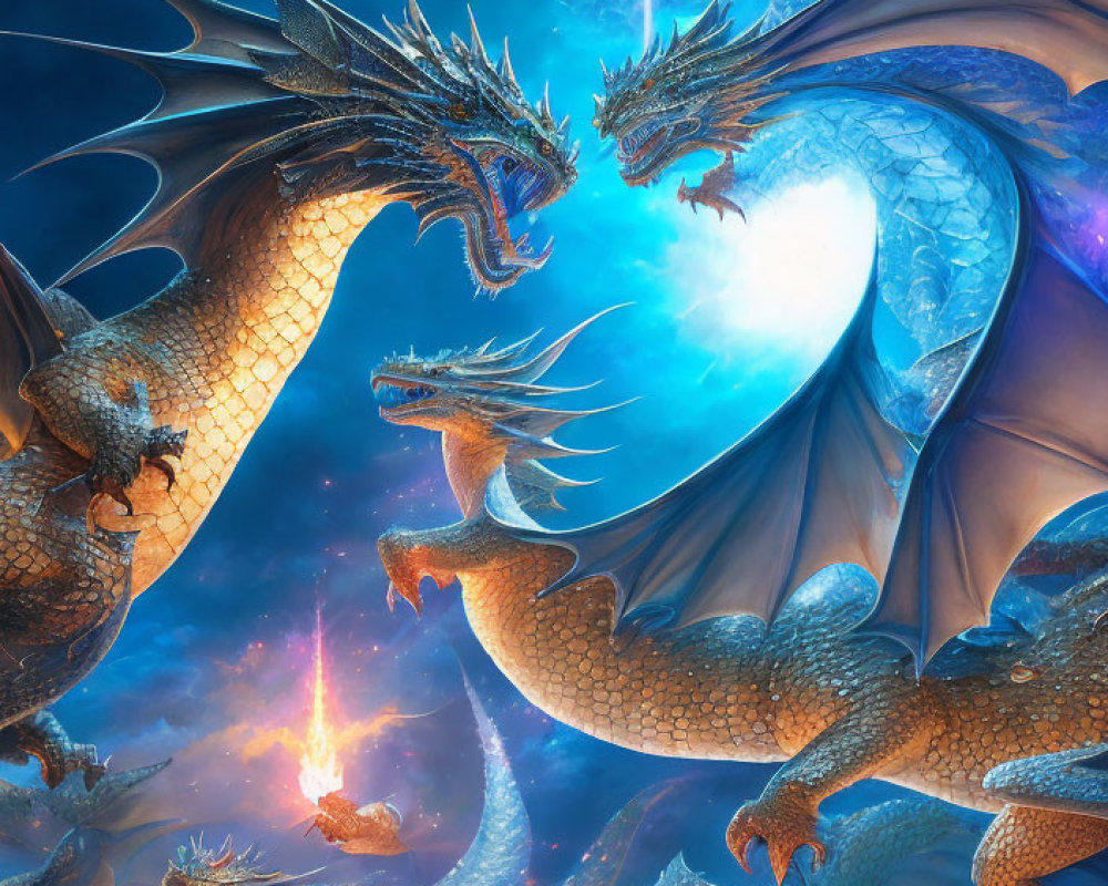 Fantasy image of multiple dragons with shimmering scales in starry sky