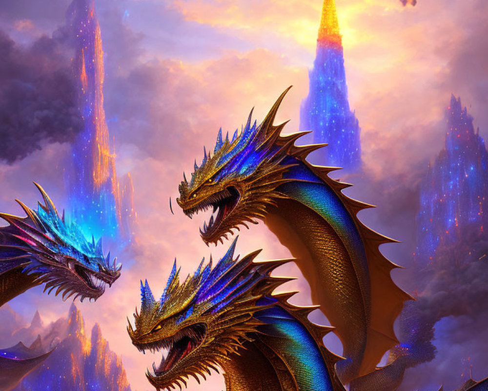 Blue-spiked multi-headed dragon in a fantasy sky with crystal structures and glowing obelisk