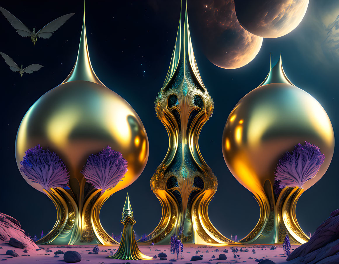 Surreal landscape with golden structures and purple trees in starry sky