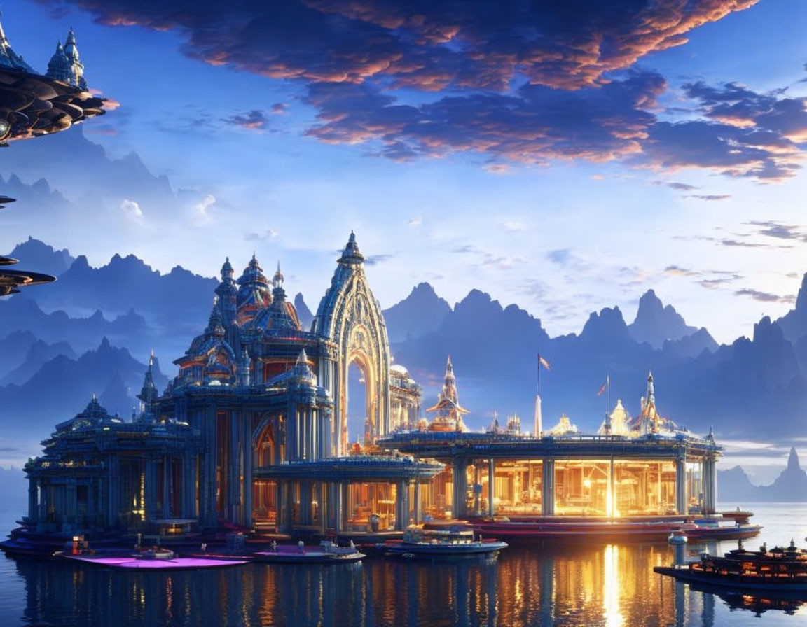 Fantastical floating city at dusk with ornate buildings and mountain backdrop
