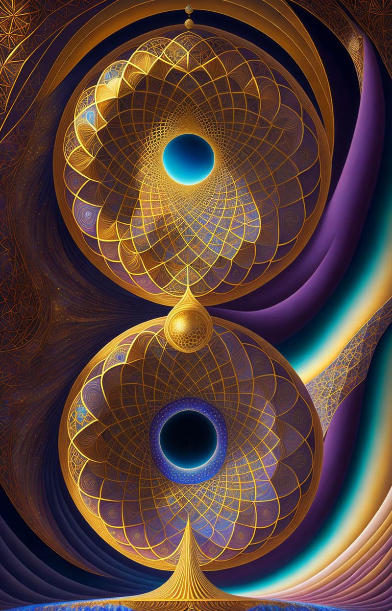 Intricate golden orbs against cosmic swirls in digital art