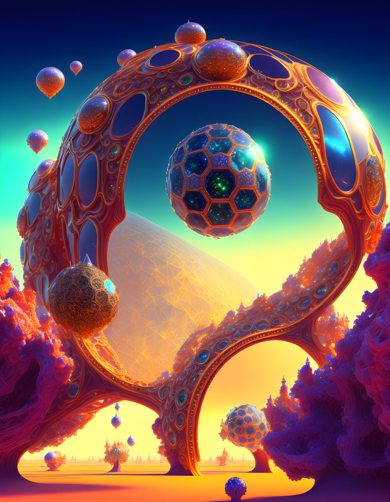 Colorful Sci-Fi Landscape with Ring Structure and Floating Spheres