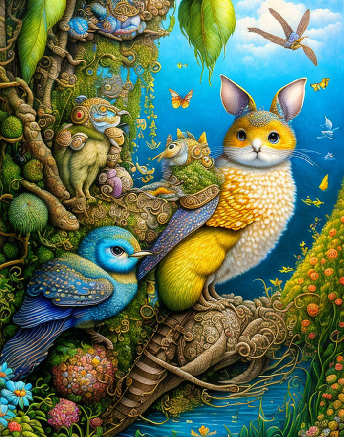 Colorful whimsical cat with owl face in intricate natural setting