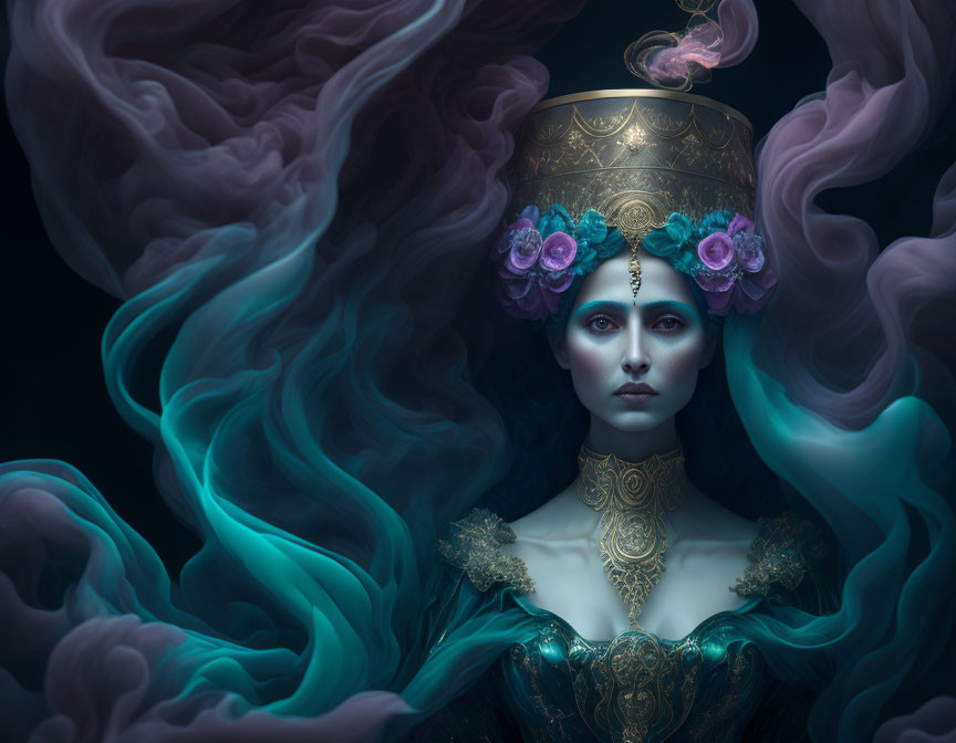 Mystical woman wearing ornate crown in iridescent smoke.