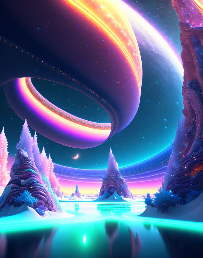 Sci-fi landscape with ringed planets, frozen environment, icy waters, and alien trees