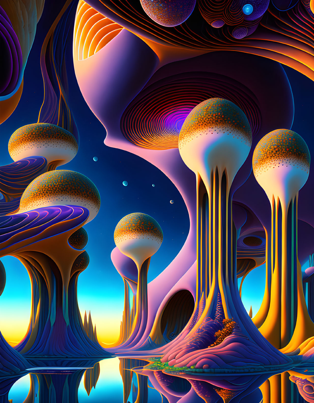 Surreal Landscape with Towering Mushrooms and Orbs