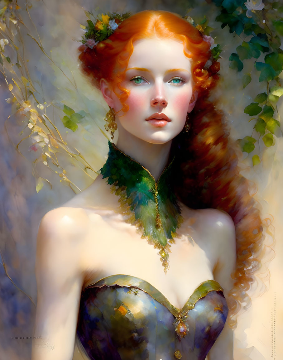 Illustrated portrait of woman with red hair, adorned with leaves, corset, and feathered necklace