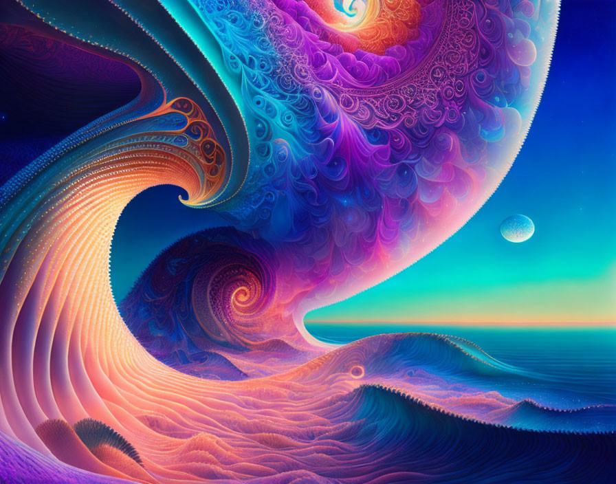 Colorful digital artwork: intricate swirls in surreal landscape