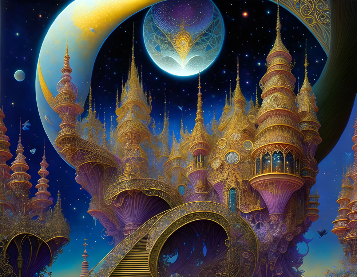 Golden city with ornate towers under night sky and crescent moon, evoking magical ambiance