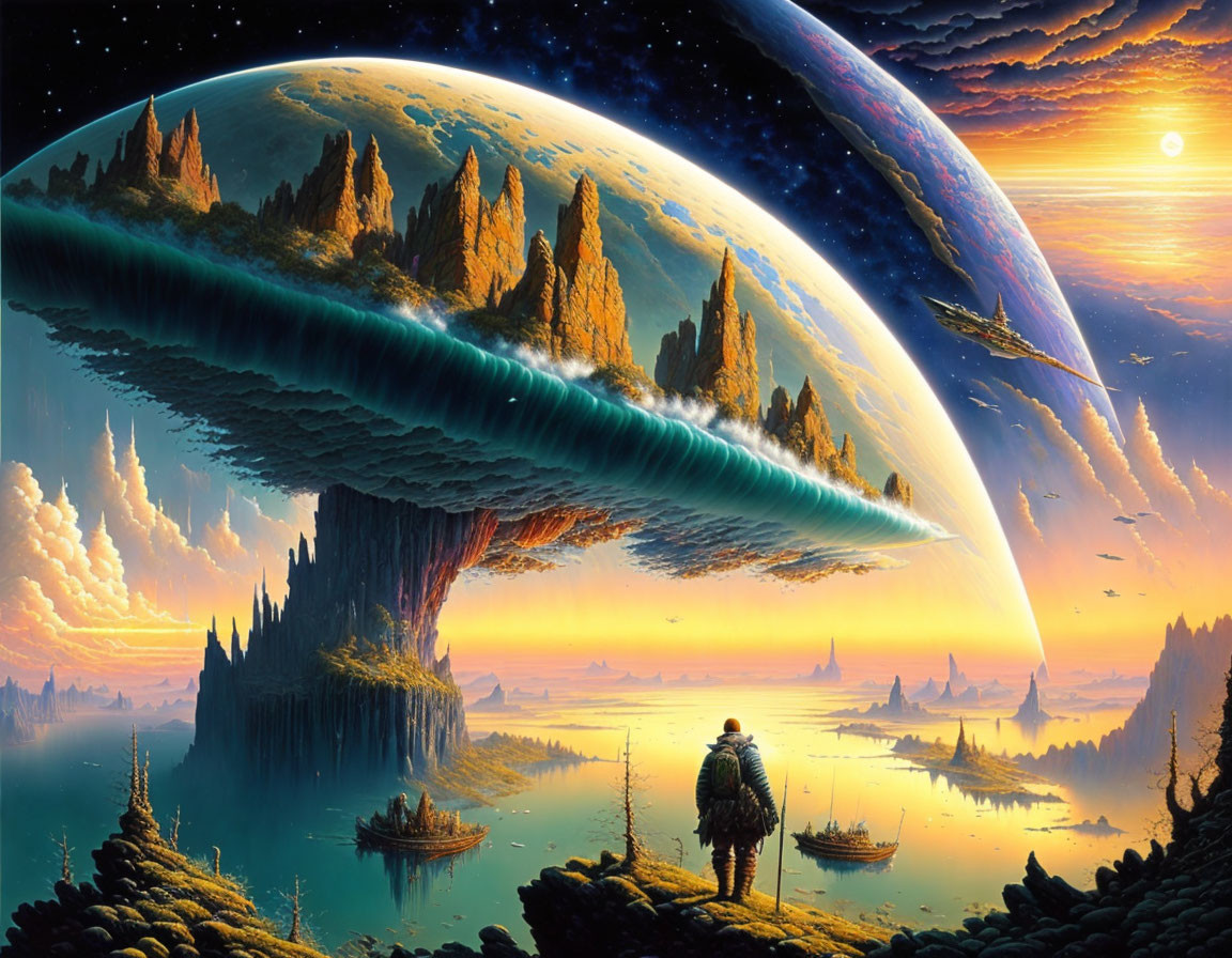 Person gazes at alien landscape with monumental planets and waterfalls