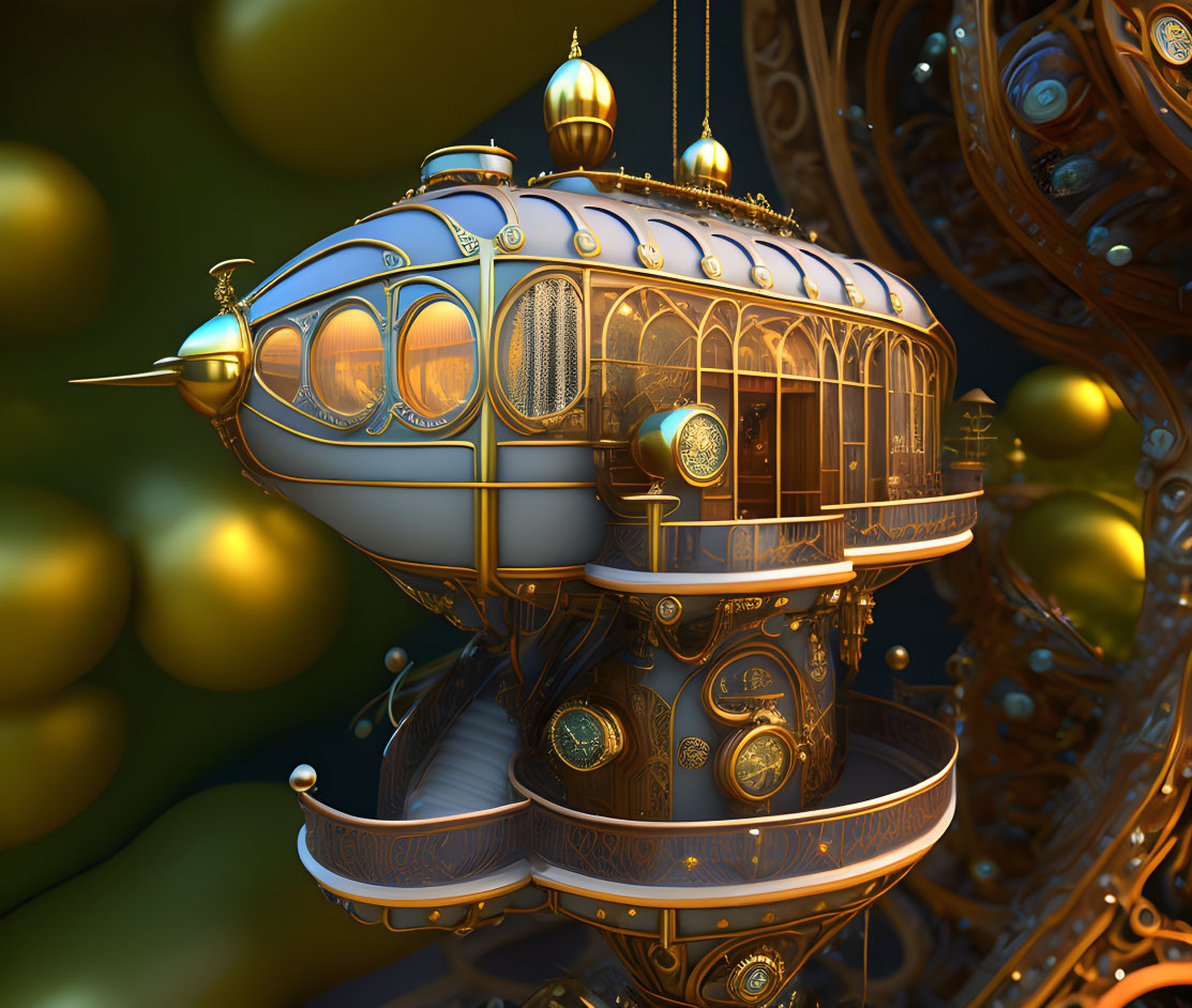 Fantastical steampunk airship with golden details and whimsical design