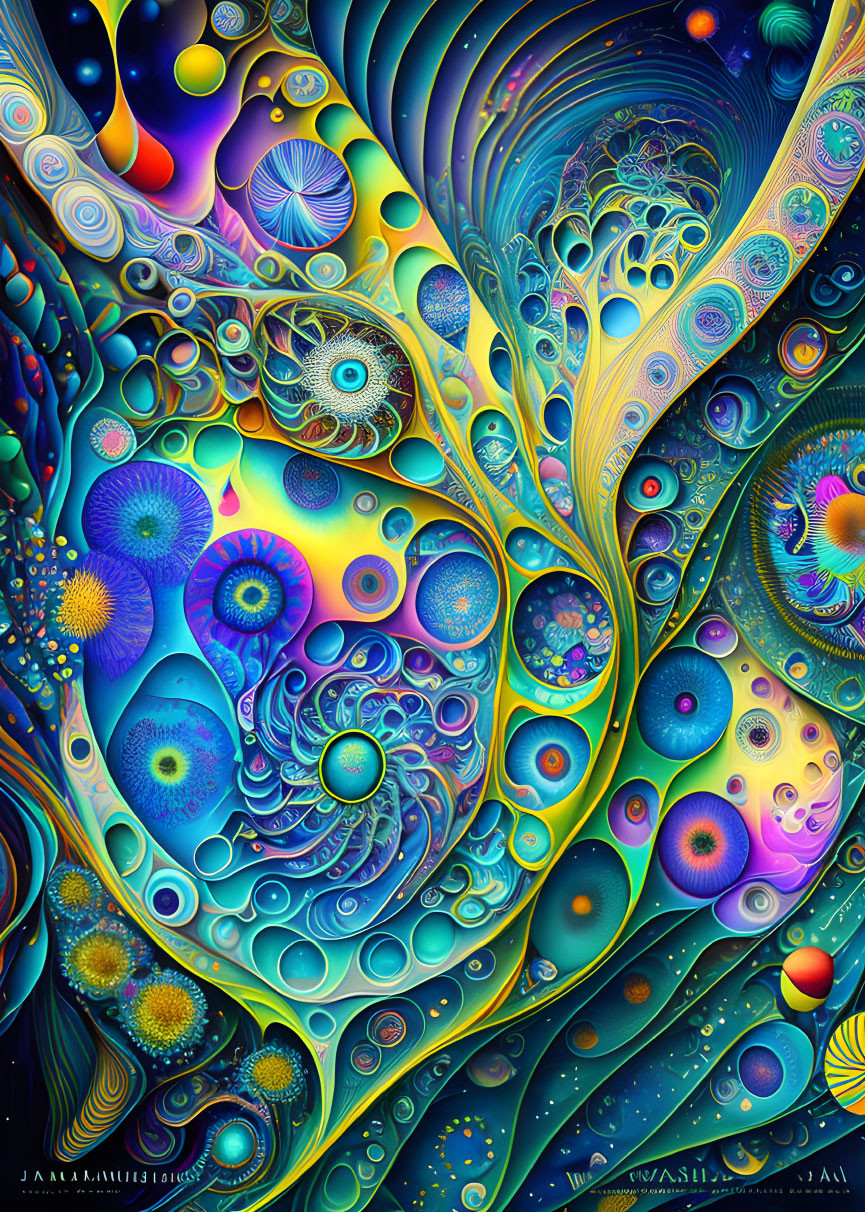 Colorful Psychedelic Artwork with Swirling Designs in Blues, Greens & Purples
