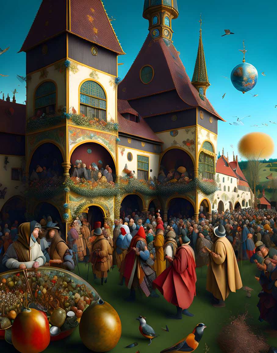 Renaissance fair with townsfolk in period attire, floating orbs, and a food-laden table