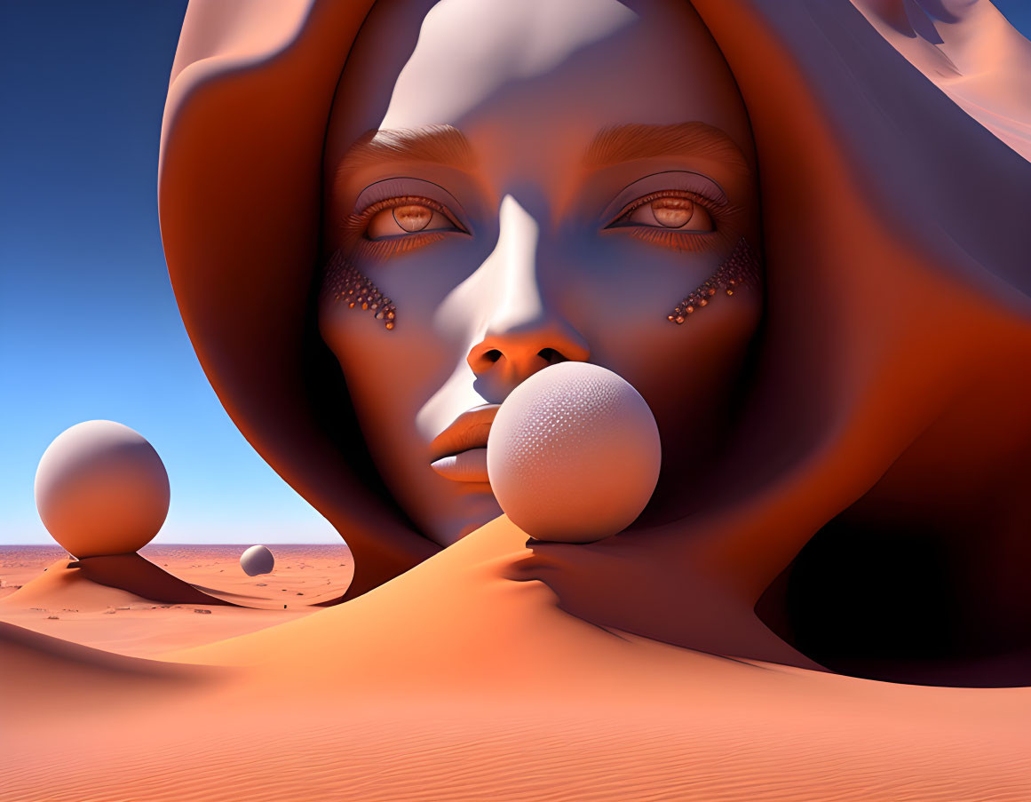 Surreal 3D Artwork: Giant Female Face in Desert Landscape