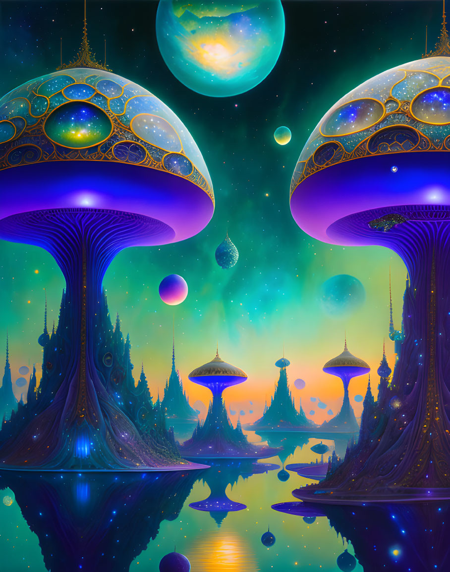 Fantasy Landscape with Mushroom Structures and Floating Orbs