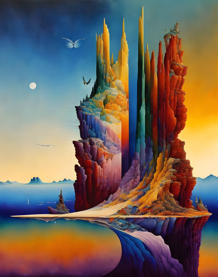 Surreal Landscape with Colorful Rock Formations and Sea