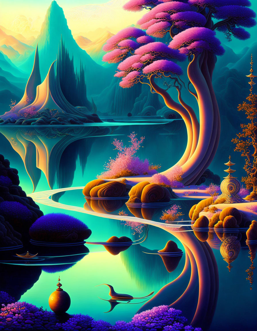 Neon-colored surreal landscape with fantastical trees and misty mountains
