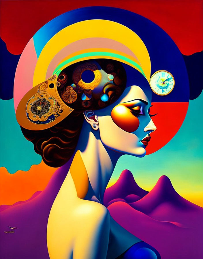 Colorful Surrealist Portrait of Woman with Clockwork Elements on Vivid Background