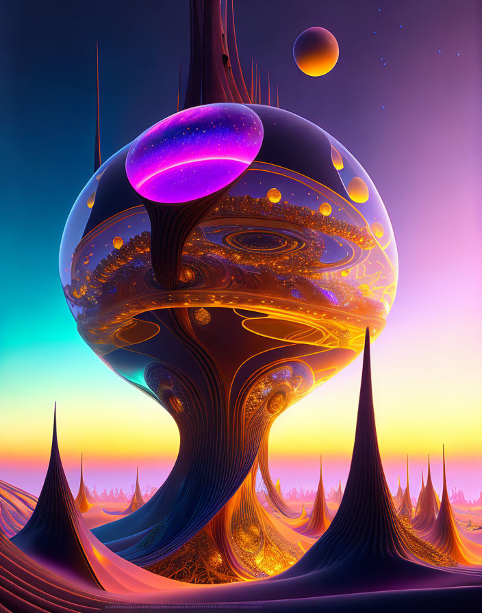 Futuristic landscape with floating structure and glowing orbs