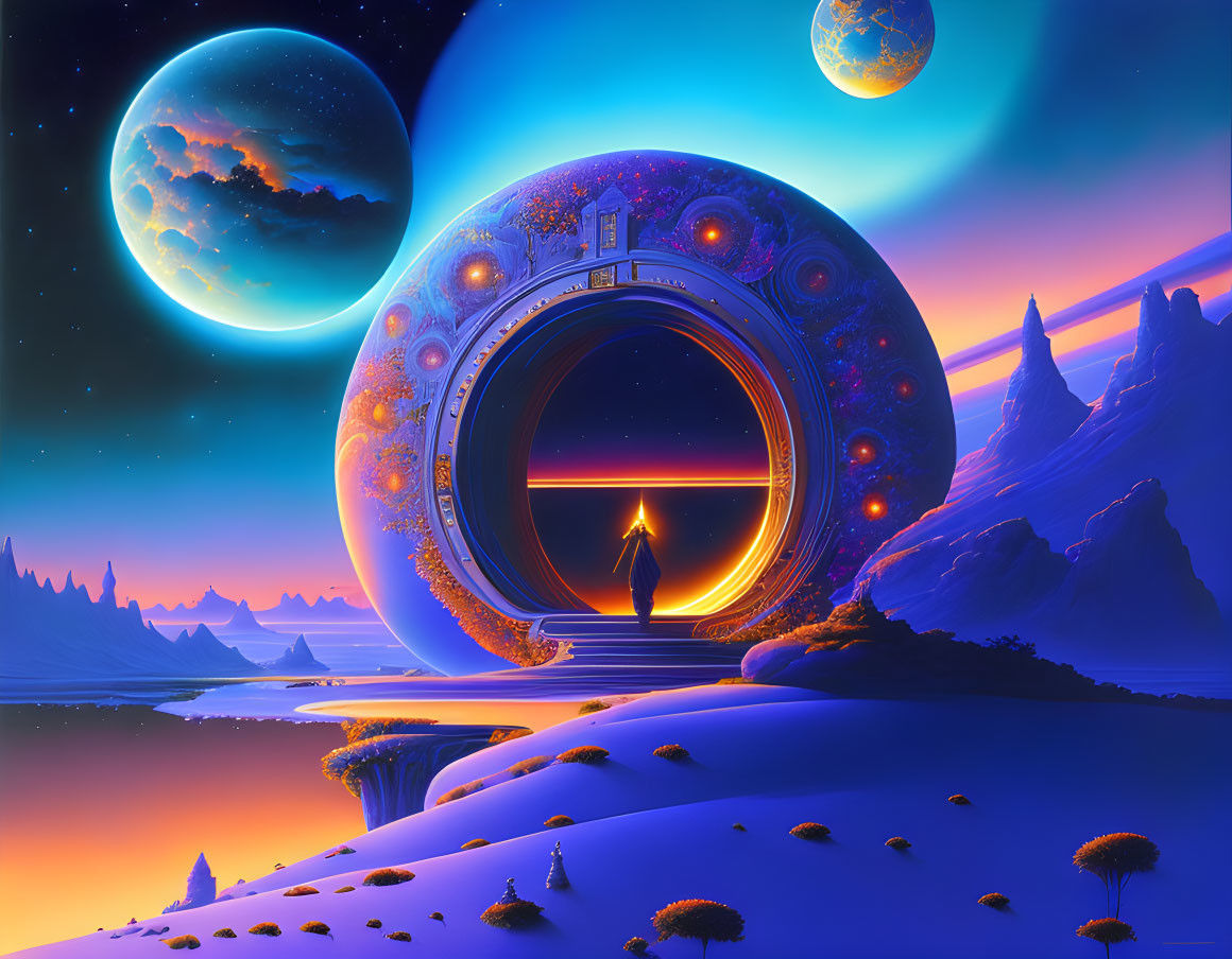 Silhouetted figure in front of illuminated circular portal on vibrant alien world