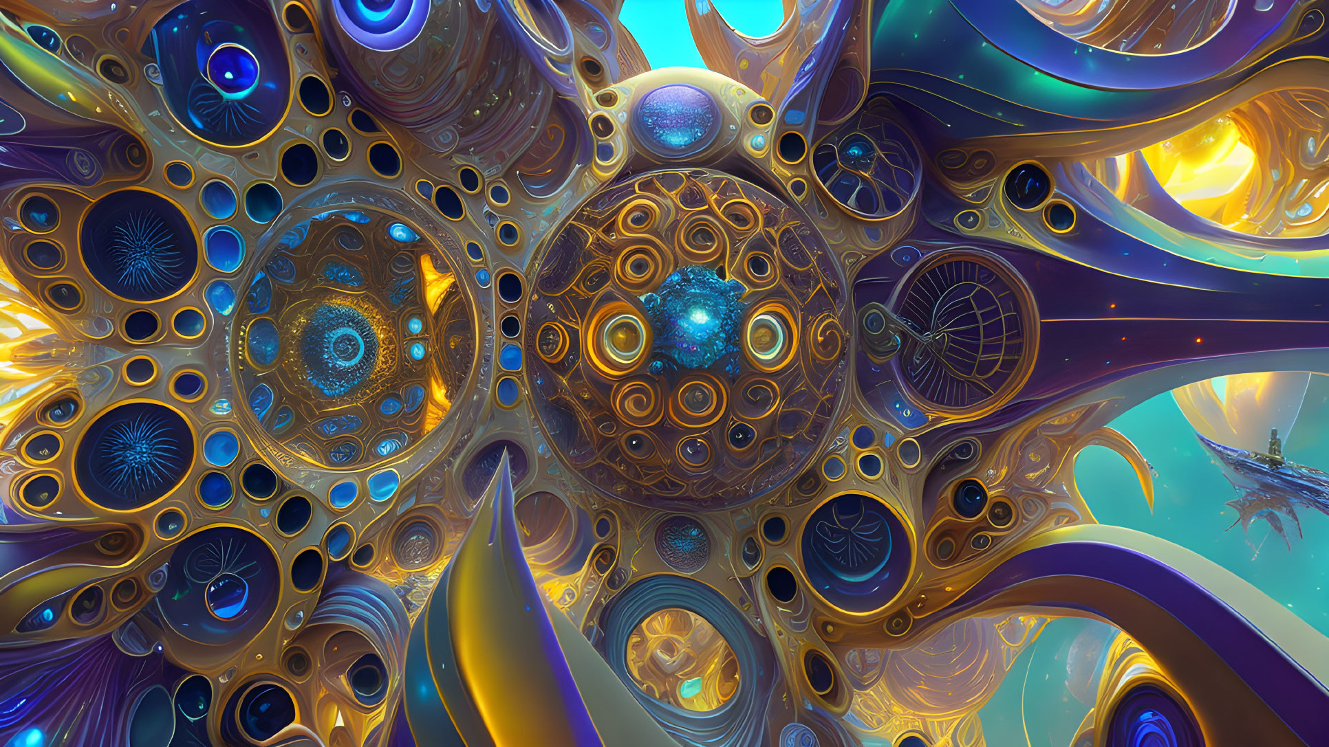 Intricate Blue and Golden Fractal Patterns